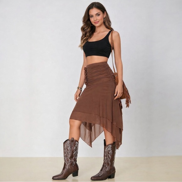 SHEIN Dresses & Skirts - SHEIN Ruched Asymmetrical Skirt Brown Mesh Y2K Boho Western Large NWT